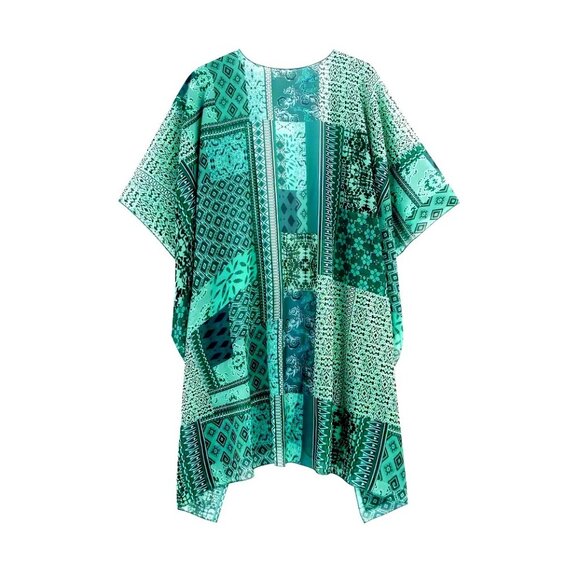CCC Bohemian Style Patchwork Cape Lightweight Sheer Fabric Elegant Turquoise Whi - Picture 10 of 10